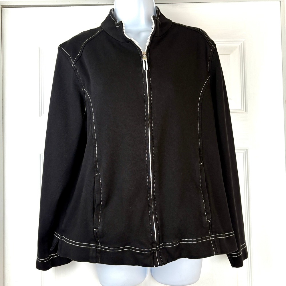 Liz Claiborne Womens Black Full Zip Jacket White Stitch Accents Striped Collar L